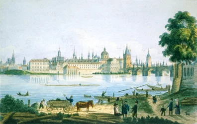 Vy över Prag från de små kvarteren, 1830 (färgad etsning)